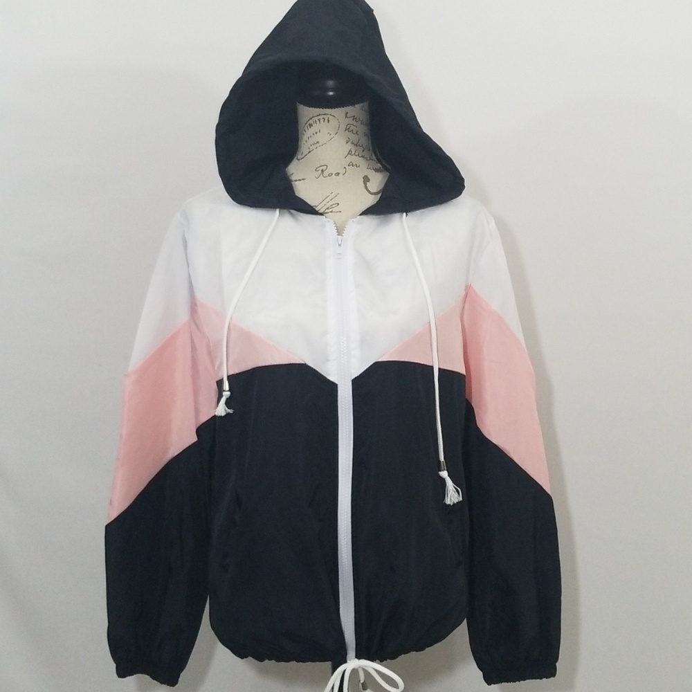 Color block drawstring hem hoodies jacket